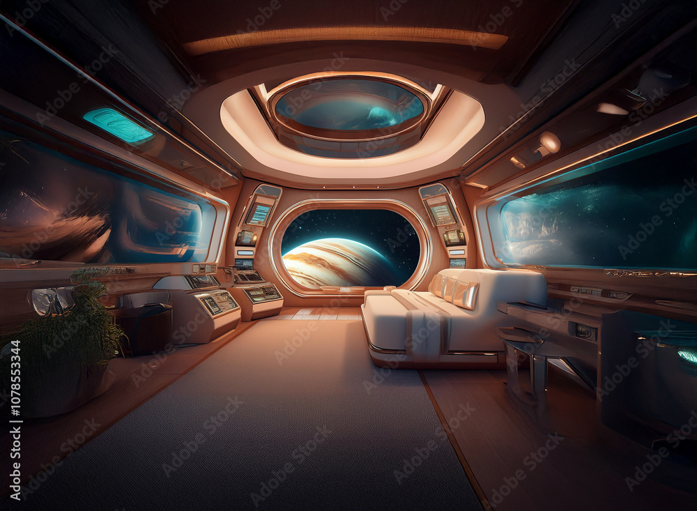 Poster A futuristic spaceship interior with large windows showcasing a view of a planet and nebulae.
