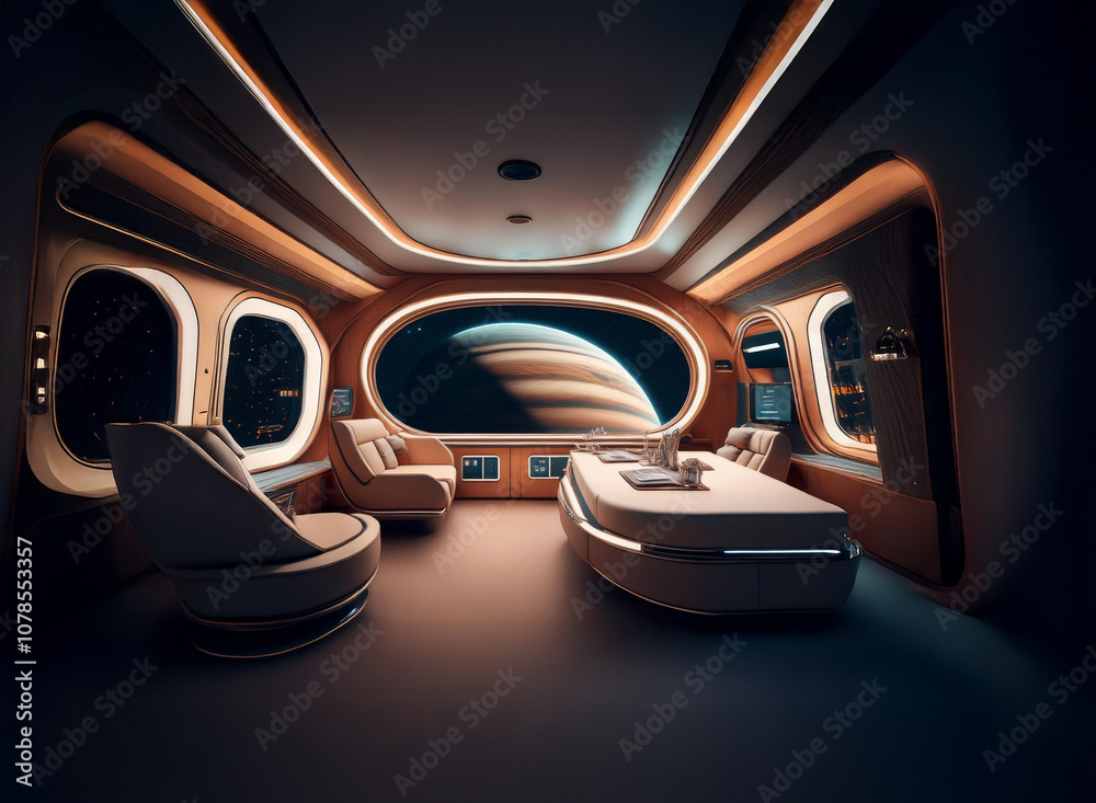 Poster a futuristic spaceship interior with large windows overlooking a planet with rings.