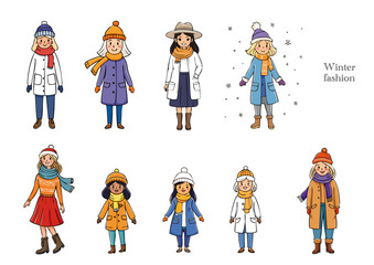 冬のファッションのかわいい女の子のイラストセット