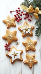 Fototapeta premium White wooden background with Christmas decorations, featuring gingerbread star cookies, red berries, pine branches, and golden bows, creating a festive and cozy setting.