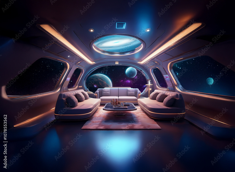 Poster The interior of a spaceship with large windows showing a view of space with planets, stars and a nebula.