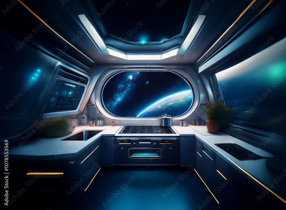 Poster a spaceship kitchen with a large window looking out at a planet, stars and a nebula.