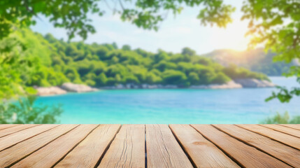 Fototapeta premium Relaxing summer holiday atmosphere by the tranquil beach with lush green landscape. Generative AI