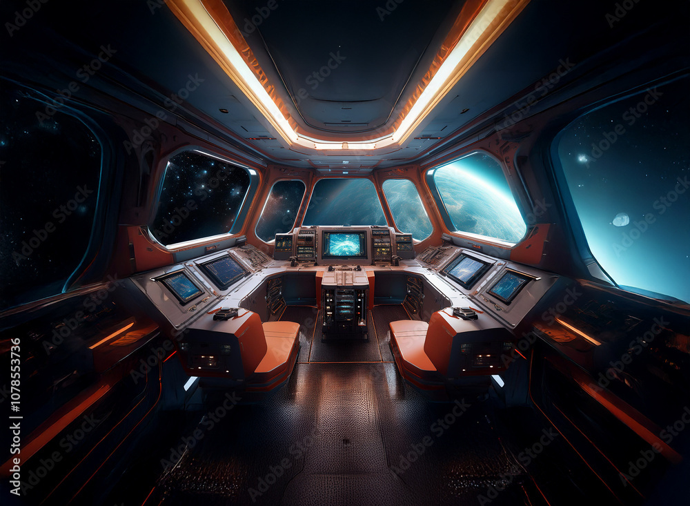 Poster A futuristic spaceship cockpit with a view of Earth through a large window.
