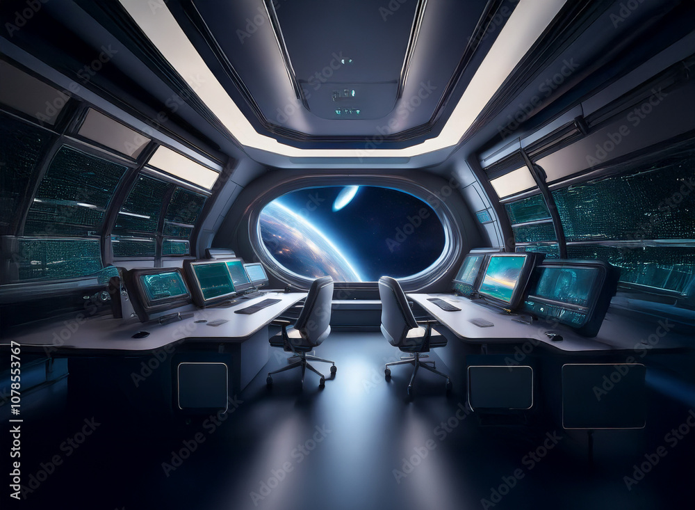 Poster the interior of a spaceship, with a view of a planet through a large window. the ship is equipped wi