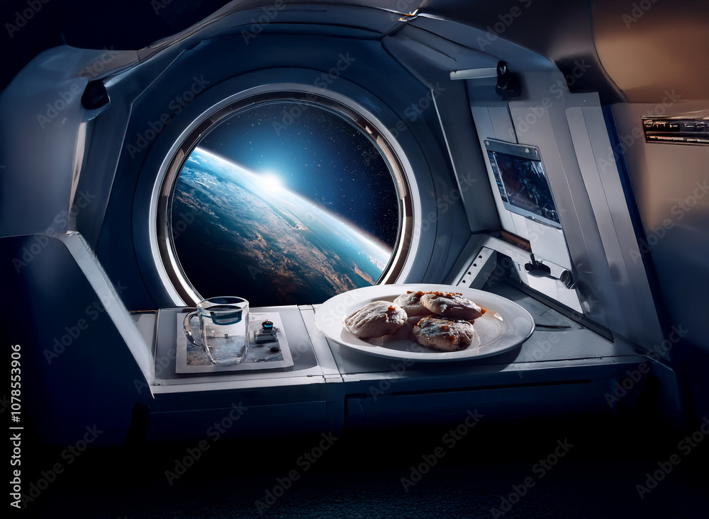 Poster a futuristic spaceship interior with a window showcasing earth and a meal on a table.