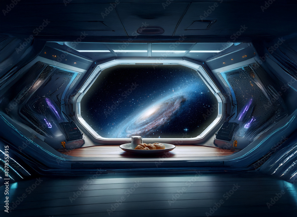 Poster A futuristic spaceship interior with a large window overlooking a vast and colorful nebula in space. A cup of coffee and some pastries sit on a table in front of the window.