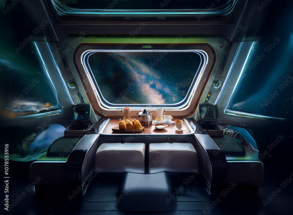 Poster a futuristic spaceship interior with a large window showcasing a starry night sky, a table set for t