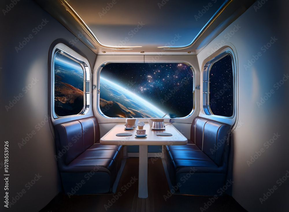 Poster a futuristic dining area inside a spaceship, with a large window showcasing a view of earth and the 