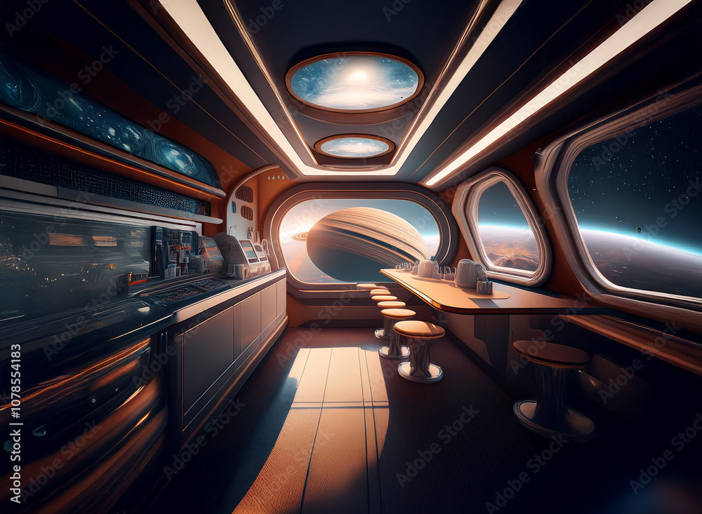Poster A futuristic spaceship interior with a large window overlooking a distant planet and a ringed gas giant.
