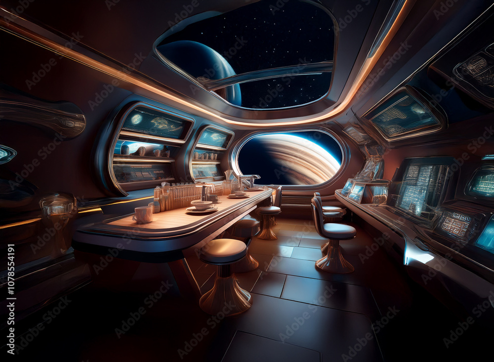 Poster A futuristic bar with a view of a ringed planet and a starry sky, perfect for an intergalactic drink.