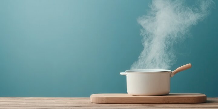 A steaming pot on a wooden board against a cool blue background.