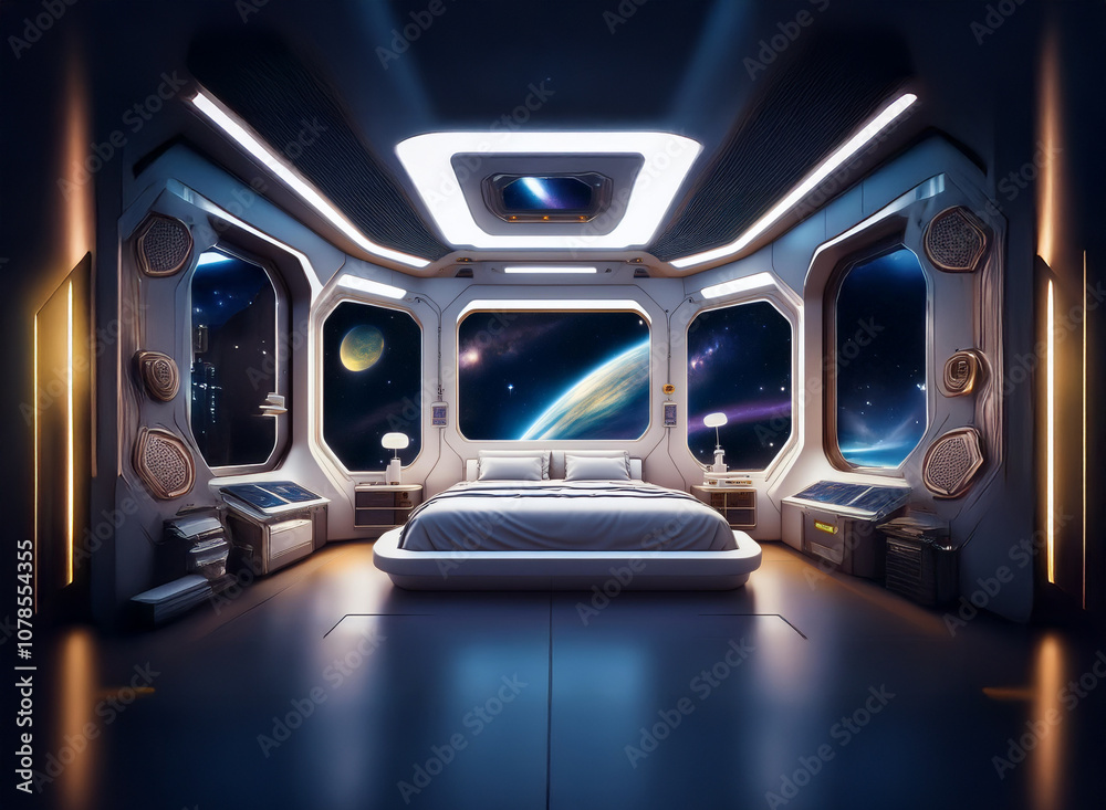 Poster a futuristic bedroom with a large bed in the center. the room has large windows that show a view of 