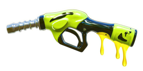 A yellow and green gas nozzle with yellow liquid dripping from it