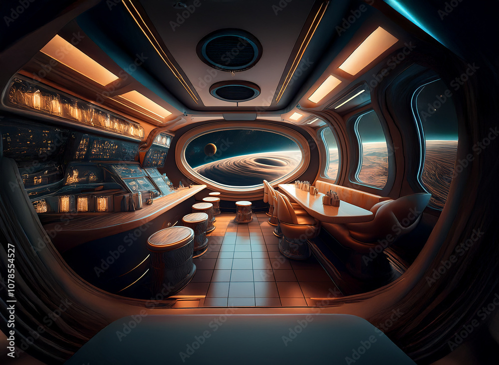 Aufkleber A futuristic bar with a large window overlooking a planet with rings.