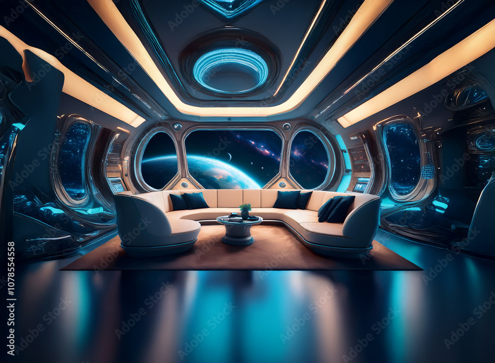 Poster a futuristic spaceship interior with large windows showcasing a distant planet and stars.