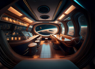 A futuristic bar with a large window overlooking a planet with rings.