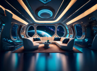 A futuristic spaceship interior with large windows showcasing a distant planet and stars.