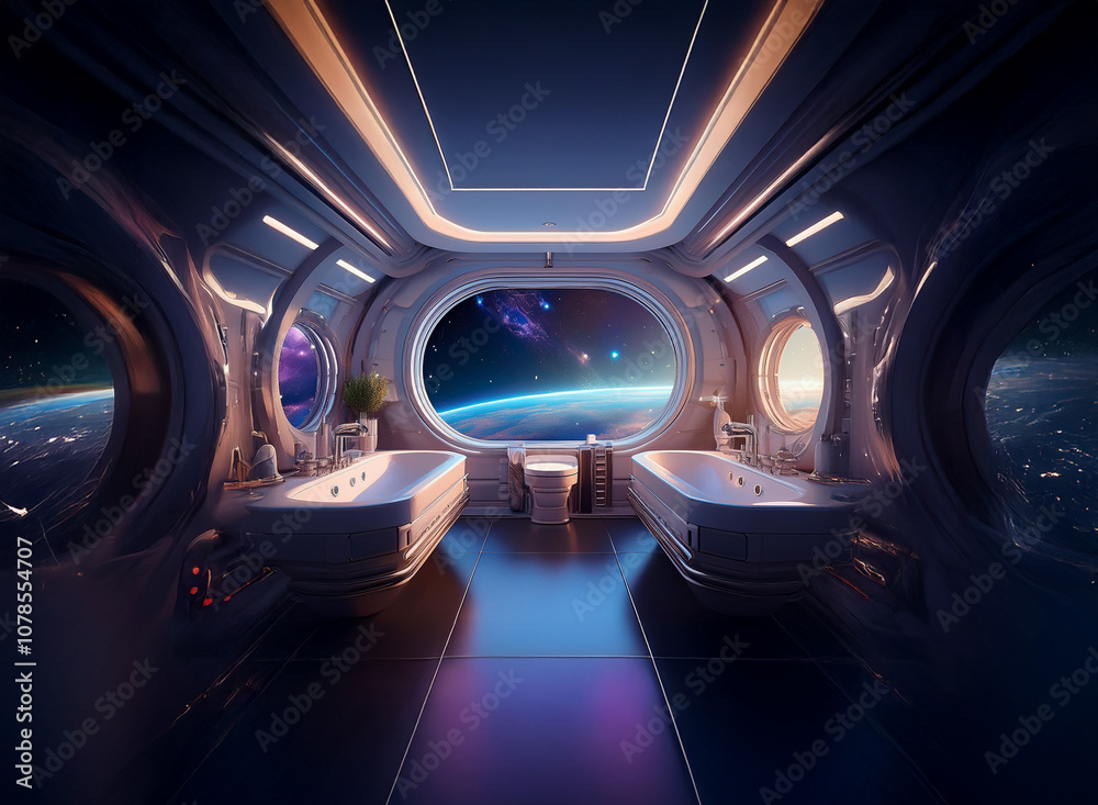 Poster a futuristic bathroom with two bathtubs and a large window overlooking the earth from space.