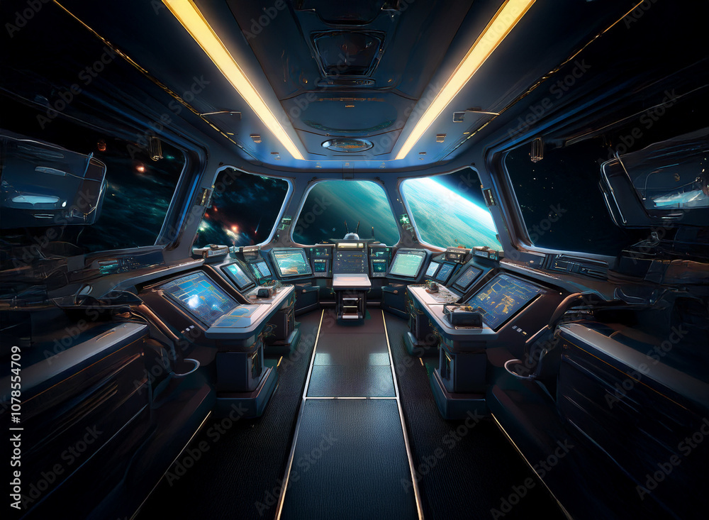 Poster The interior of a spaceship cockpit features a view of a planet and stars through a large window.
