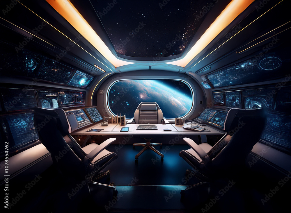 Poster The interior of a futuristic spaceship with a large window showcasing a view of a blue planet in space.