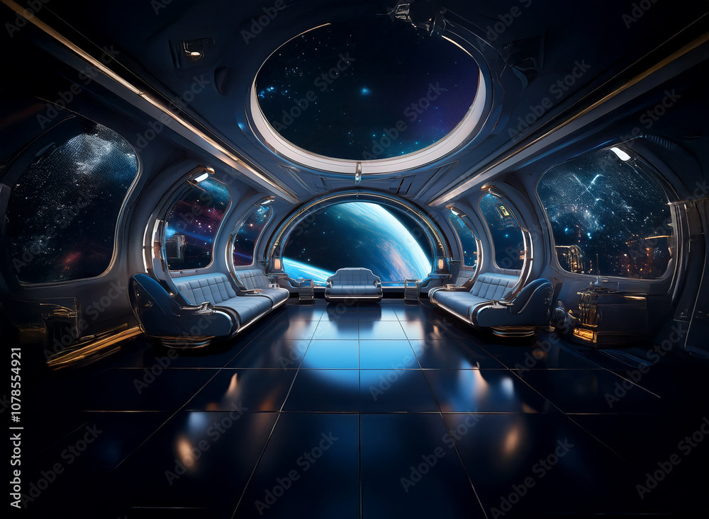 Aufkleber A futuristic spaceship lounge with large windows showing a view of a planet and stars.