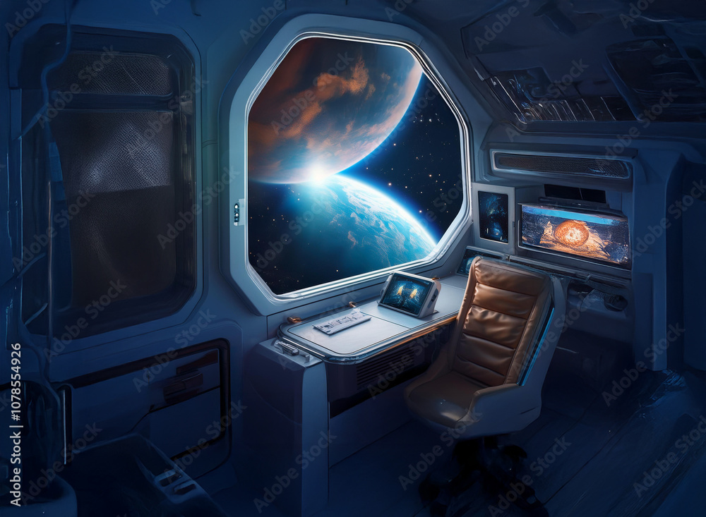 Poster A futuristic spaceship interior with a large window showcasing a view of two planets in the vast expanse of space.