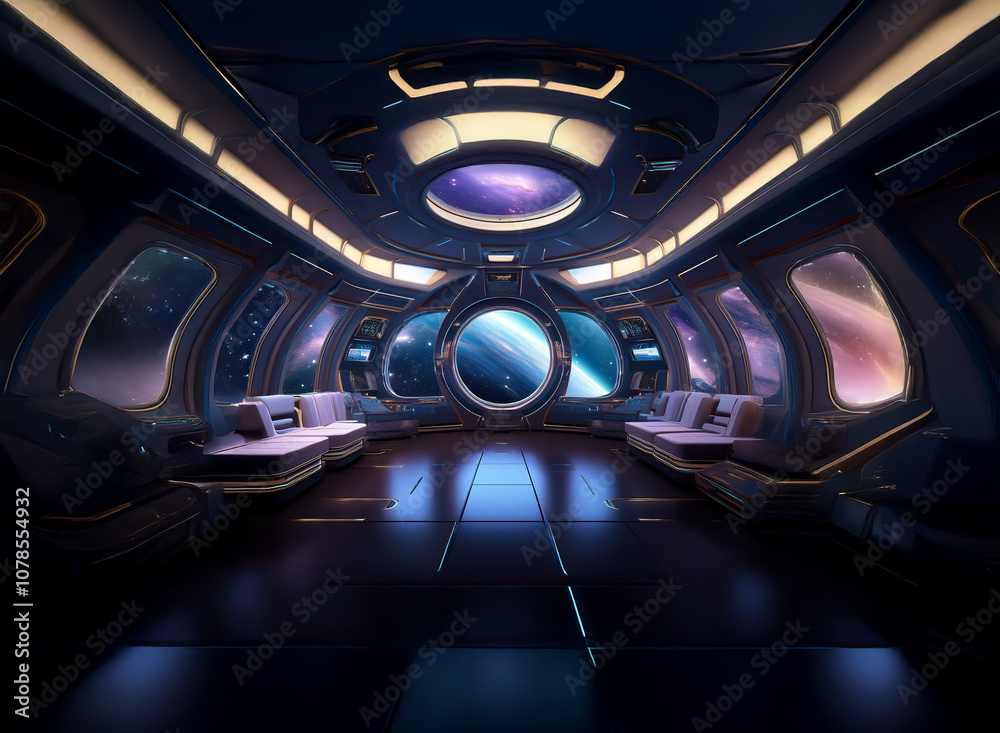 Poster The interior of a spaceship features a large viewport overlooking a distant planet and a nebula.