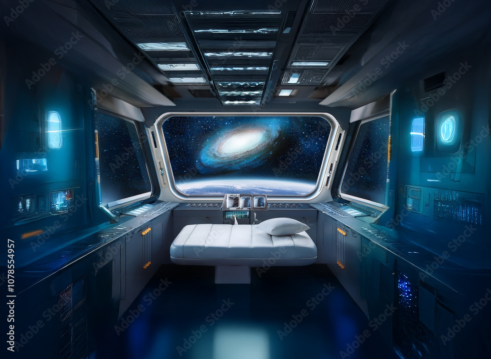 Poster The interior of a spaceship with a bed in the center and a large window overlooking a galaxy.
