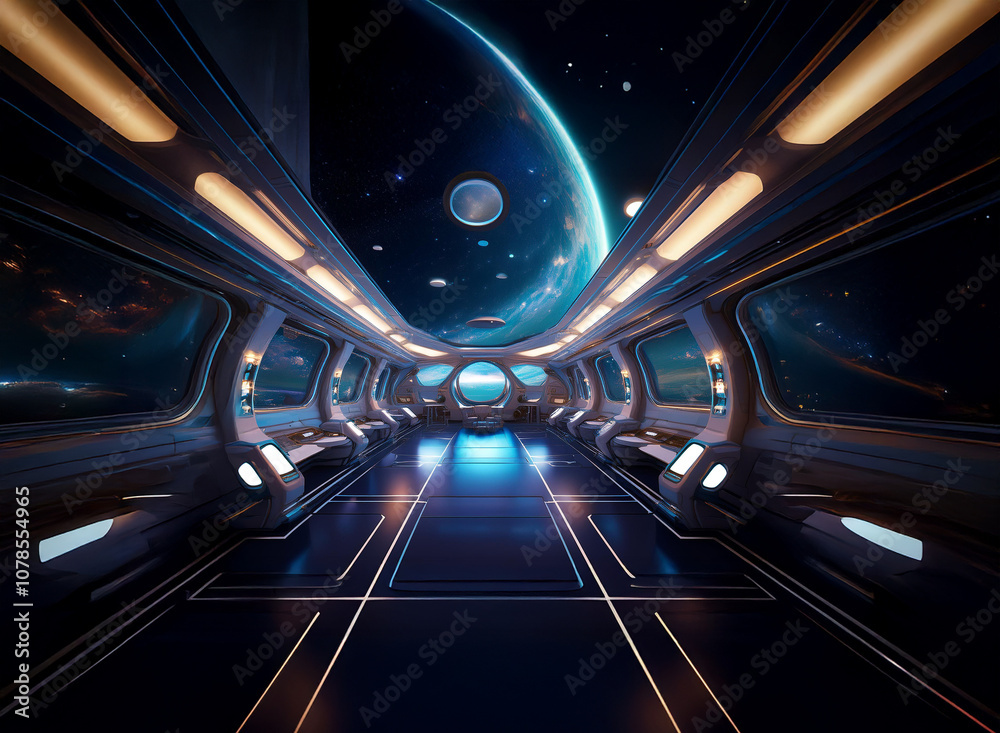Aufkleber A futuristic spaceship hallway with large windows looking out into space. The windows show a view of planets, stars, and a blue ringed gas giant.