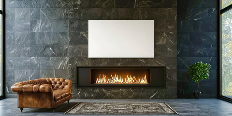 A living room with a fireplace and a brown couch