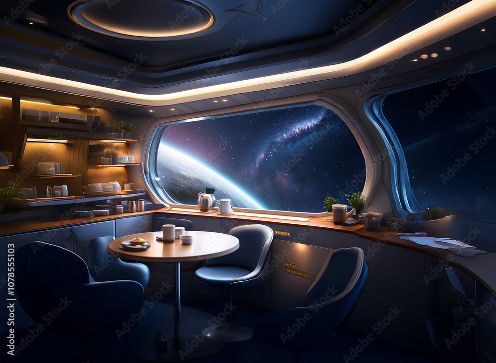 Poster A futuristic dining room with a large window overlooking a planet and a galaxy.