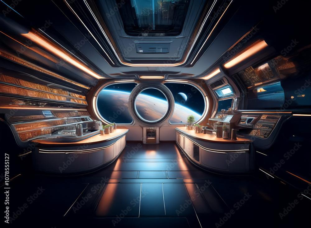 Poster A futuristic space station bar with large circular windows overlooking an alien planet and other celestial bodies.