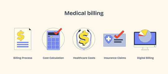 Medical billing icons with calculator, document, and computer, conveying financial processes. Neubrutalism style