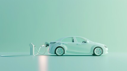 A white electric car being charged at a charging station.