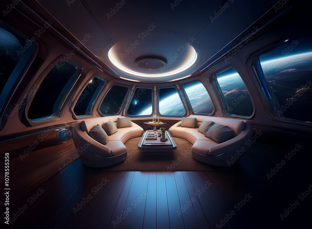 Aufkleber A futuristic spaceship lounge with large windows showcasing a view of a distant planet and the vast expanse of space.