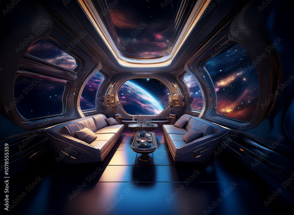 Poster a futuristic spaceship interior with large windows showcasing a view of earth and a nebula in the va