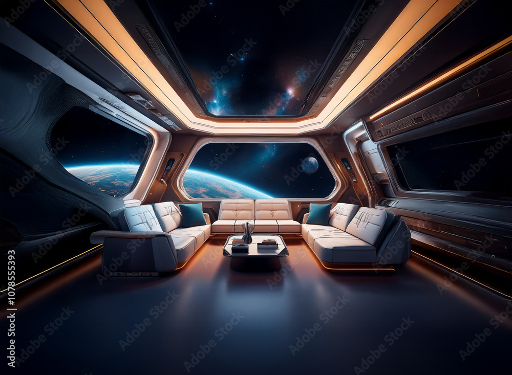 Aufkleber A futuristic spaceship interior with large windows showcasing a view of Earth and a moon from space. The room is furnished with comfortable couches and a coffee table.