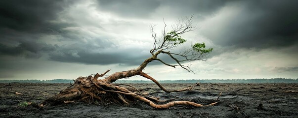 A solitary, uprooted tree lies on barren land under a moody sky, symbolizing resilience and the impact of environmental change.
