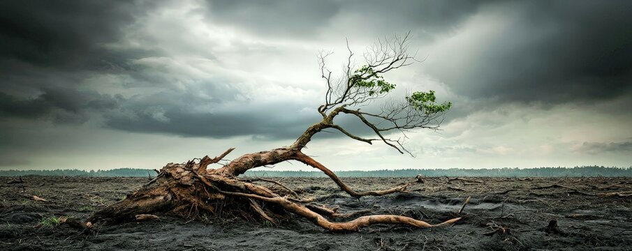 A solitary, uprooted tree lies on barren land under a moody sky, symbolizing resilience and the impact of environmental change.