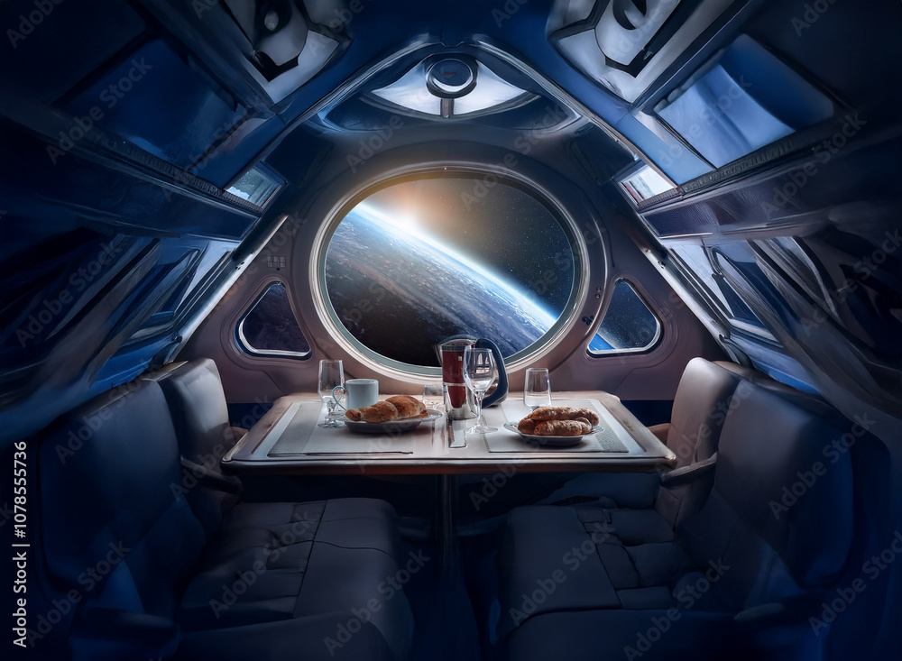 Aufkleber a spaceship dining room with a large circular window overlooking earth with a sunrise.