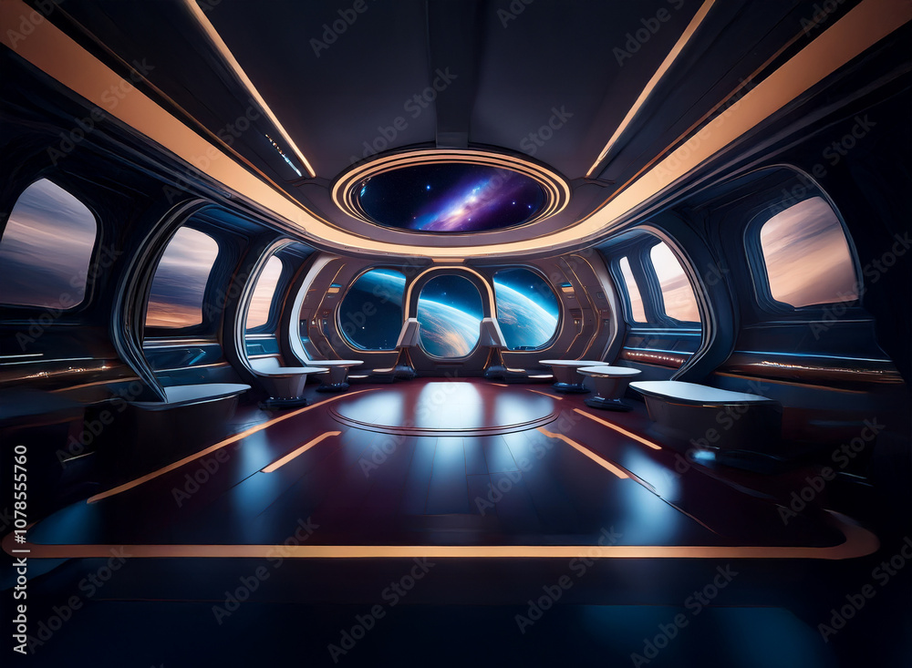 Poster An interior view of a futuristic spaceship with large windows showcasing a view of the Earth and the Milky Way.