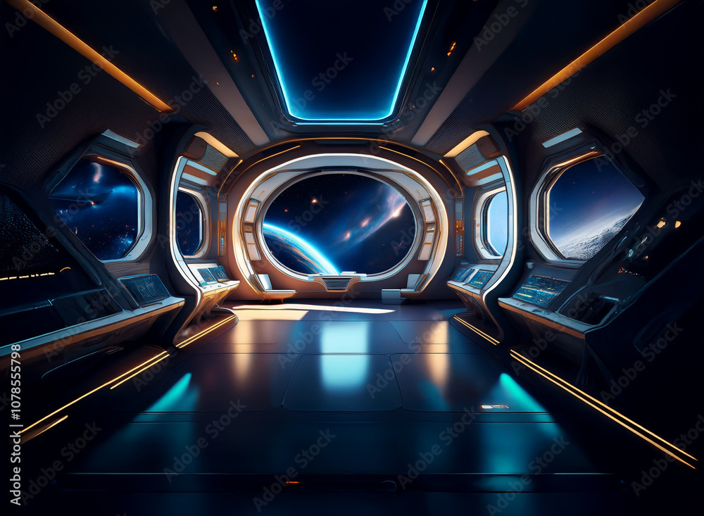 Poster a spaceship's interior features a large window showcasing a view of a planet and stars.