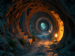 Winding Cave Tunnel with Flickering Candle, Stone Steps, and Distant Light: Mysterious Adventure, Tranquility, and Hopeful Exploration