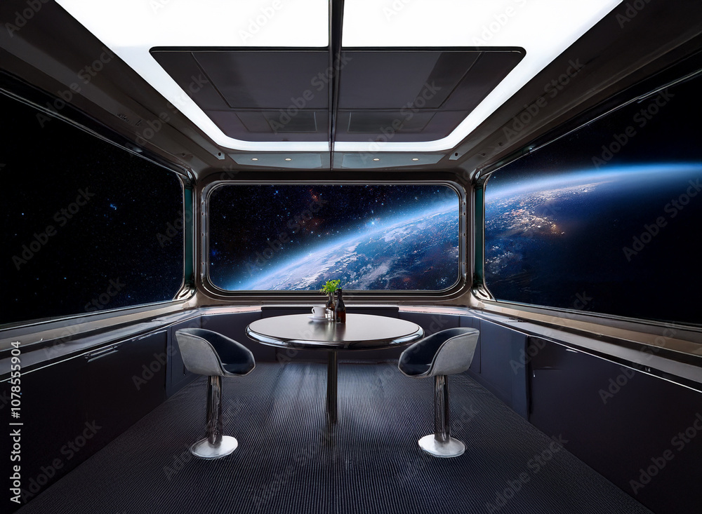 Poster A futuristic dining space aboard a spaceship with a large panoramic window overlooking Earth and a table set for two.