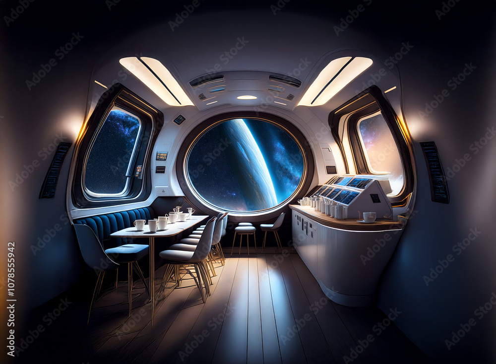 Poster A futuristic dining area in a spaceship, featuring a large window with a view of a planet.