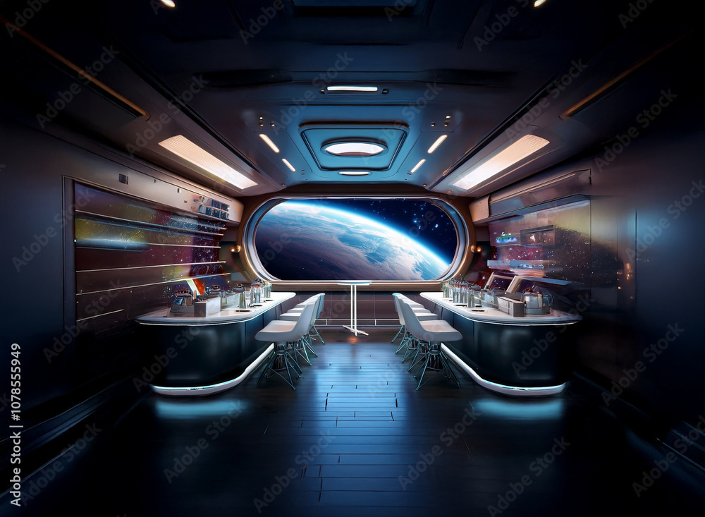 Poster a futuristic spaceship interior with large windows showcasing a planet.