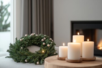 cozy corner of living room Nordic home decorated for Christmas with a simple wreath, a few candles, minimalist touches, minimal background with copy space 