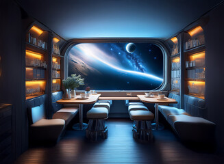 Naklejka premium A futuristic dining area with large windows looking out into space with a planet, moon, and stars in the background.
