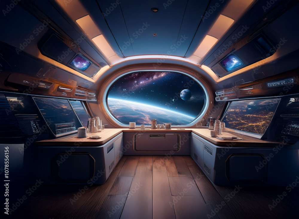 Poster a futuristic spaceship interior with a large window overlooking a planet, stars, and a nebula in spa